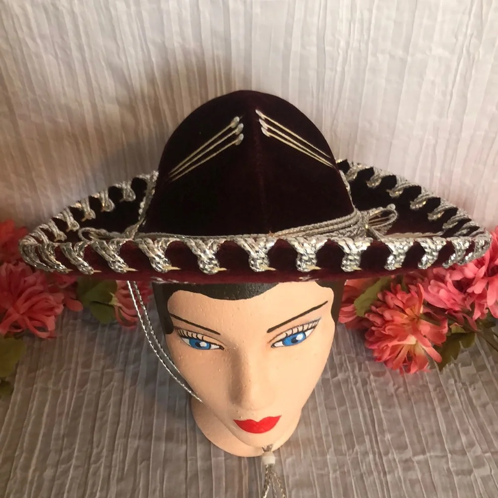 SALAZAR YEPEZ HATS maroon & silver beaded Mexican childs hat w/adjust neck strap